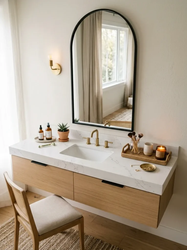 Slim black framed arched mirror adding height above a bathroom vanity