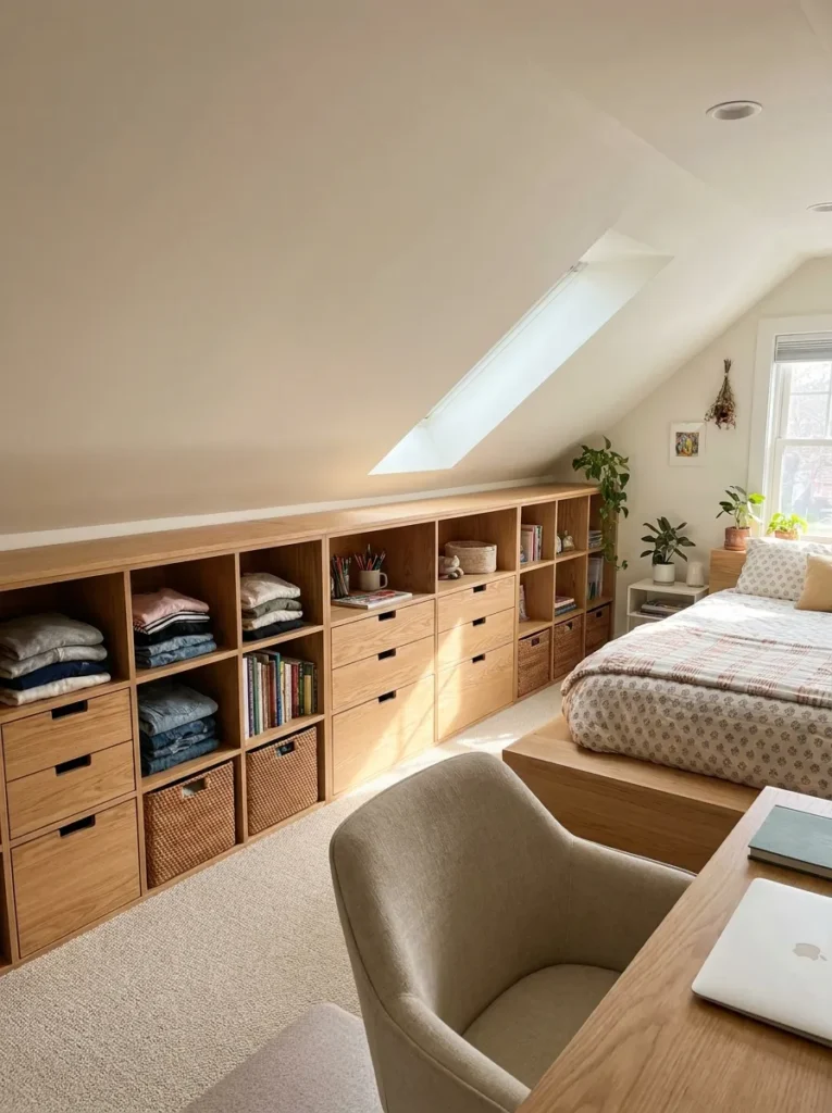 Built in storage cubbies utilizing a short attic knee wall