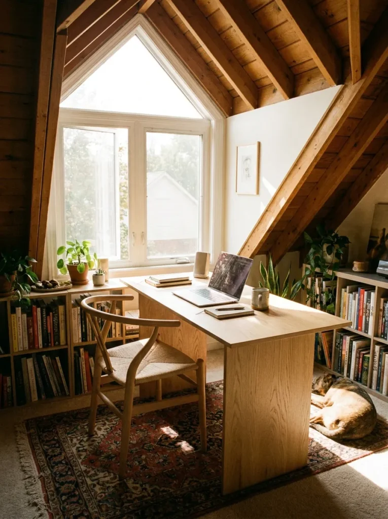 Minimalist study desk placed in front of an attic gable window