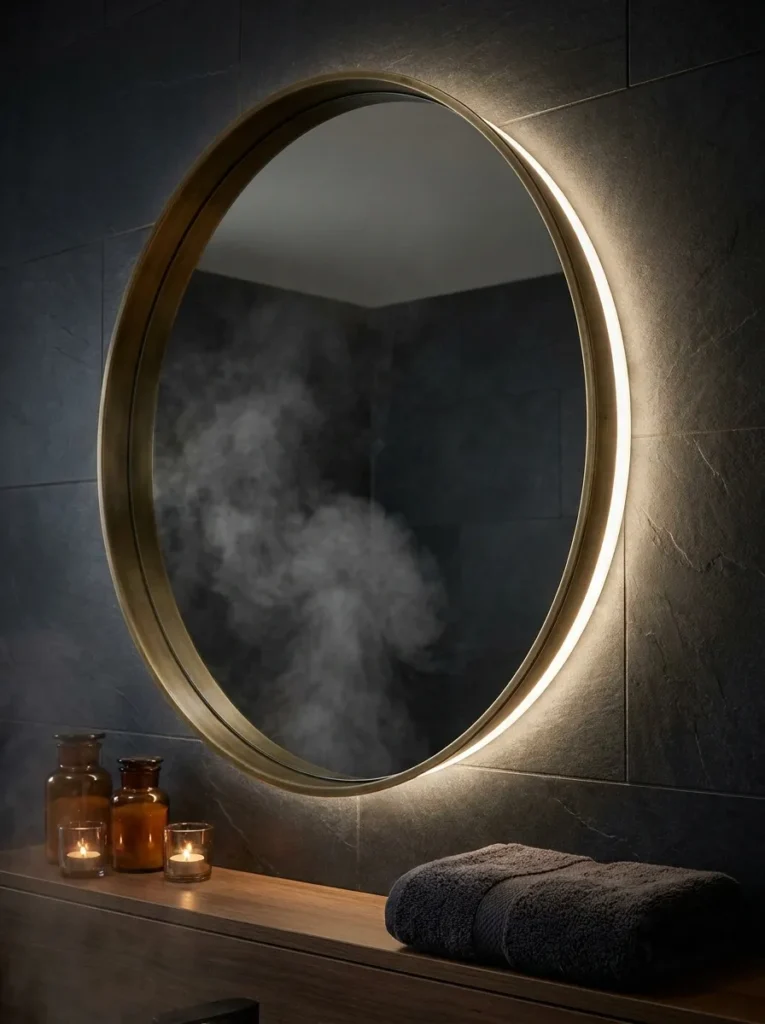 Round backlit bathroom mirror emitting a soft warm white LED halo
