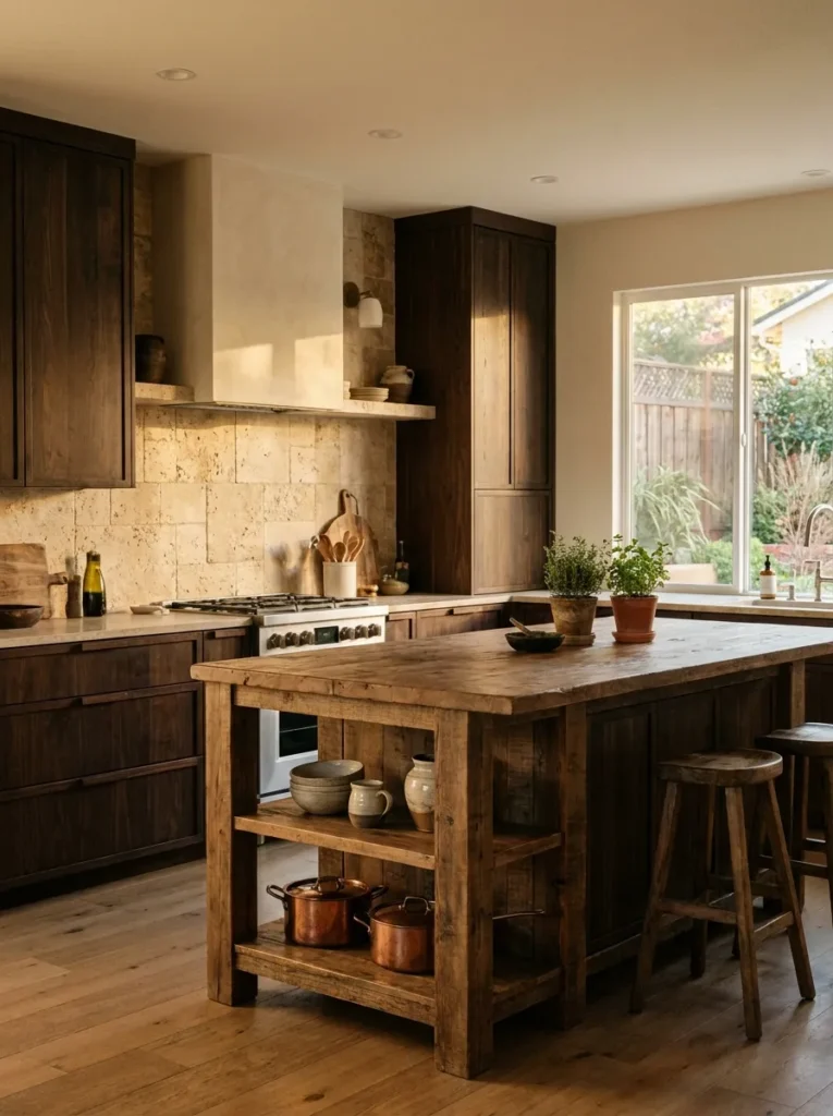 6. Warm Travertine or Cream Stone for Espresso Wood
Dark brown cabinets can easily look like a relic from the early 2000s if paired with the wrong materials. A stark, cool white tile will clash violently with the warm brown tones.
The perfect backsplash for espresso cabinets is a warm, textured natural stone. Think tumbled travertine, creamy limestone, or soft beige tumbled marble. These earthy, warm-toned stones complement the brown wood naturally, pulling the kitchen into a cozy, Tuscan-inspired or organic modern aesthetic.