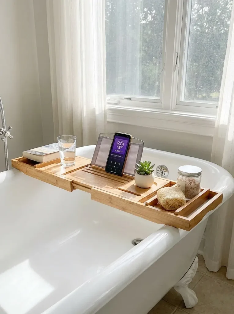 Expandable bamboo bathtub caddy with precise built in storage cutouts