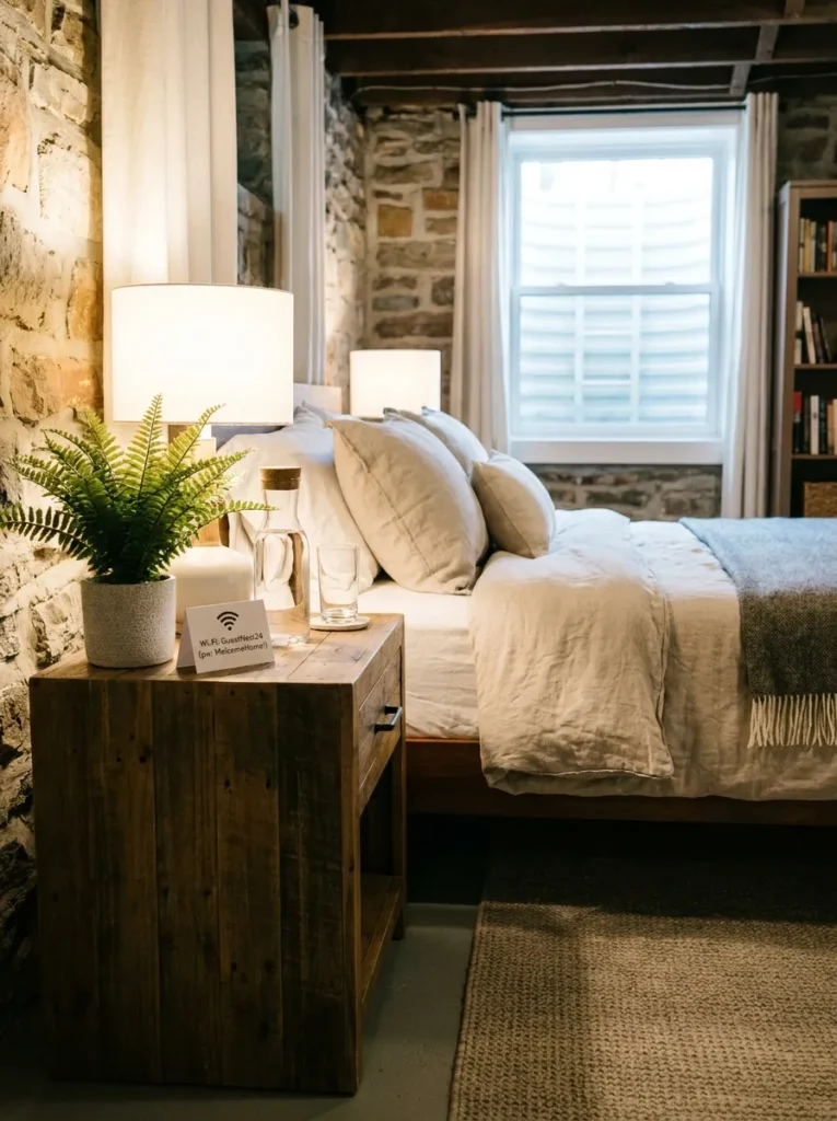 Welcoming details on a basement nightstand including a water carafe and fern
