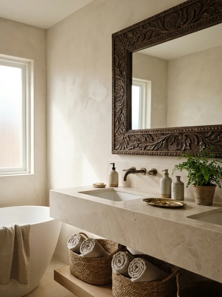 Antique carved dark wood vanity mirror hanging above a modern stone counter