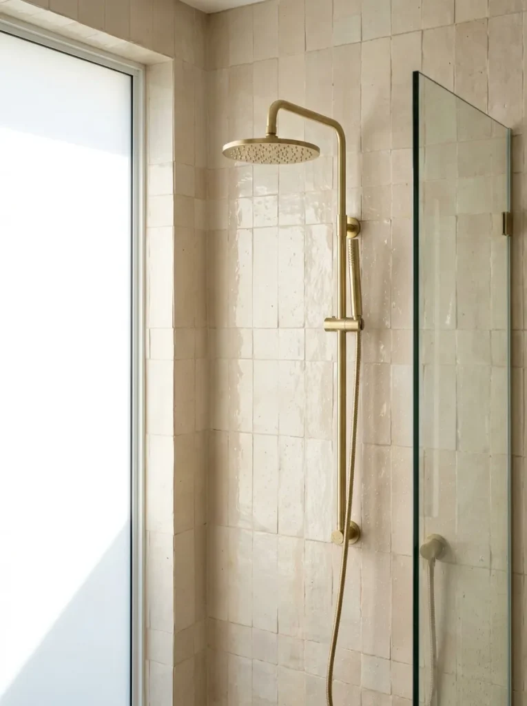Handmade pale sand Zellige tiles reflecting light on a shower wall