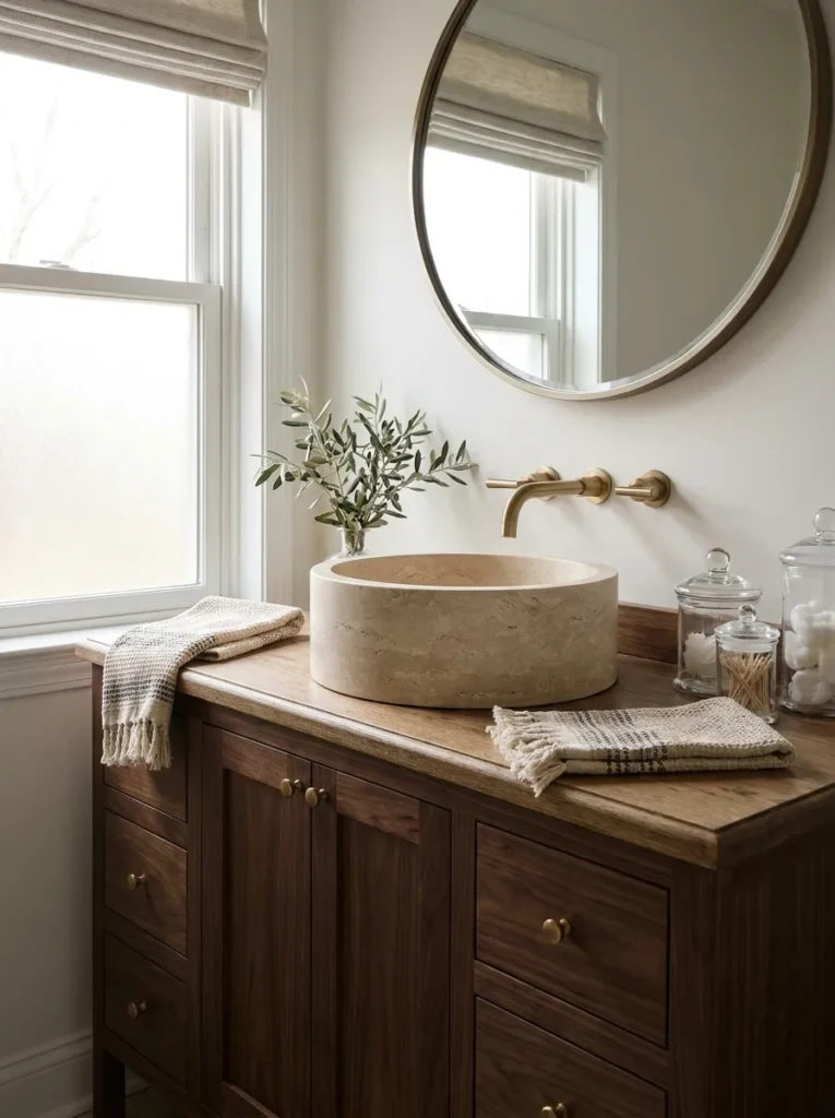 Round honed beige travertine stone vessel sink on a solid wood countertop