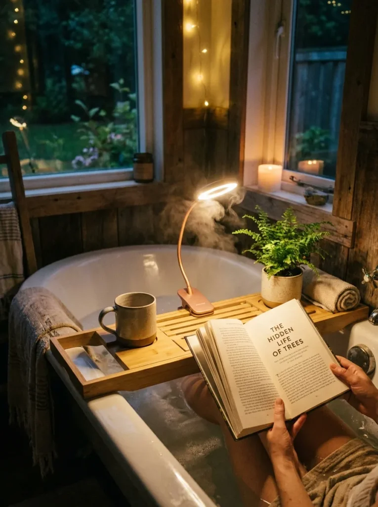 Waterproof LED reading light illuminating a book on a bath caddy
