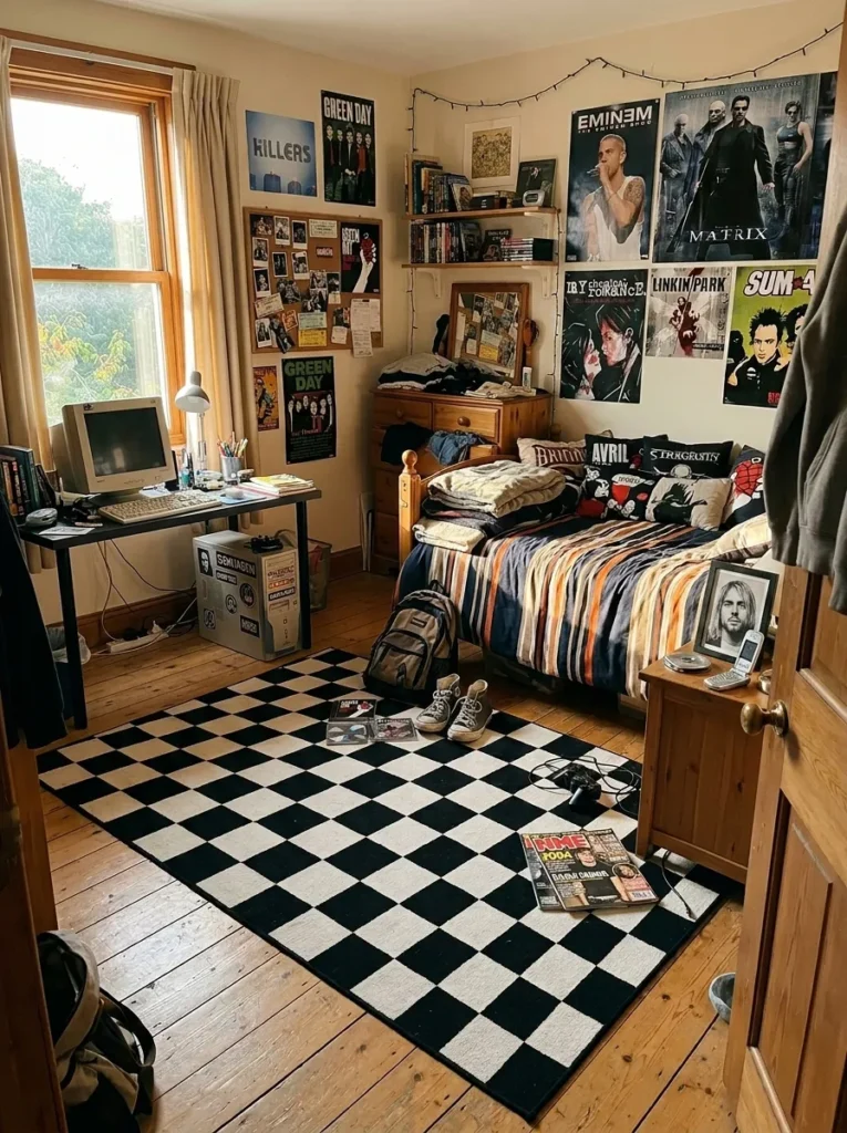 Black and white checkerboard patterned area rug grounding a bedroom floor plane