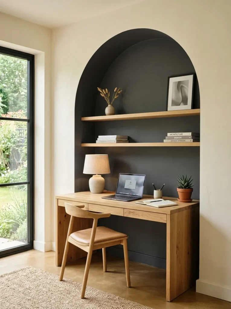 Painted charcoal arch on a cream wall framing a minimalist desk setup