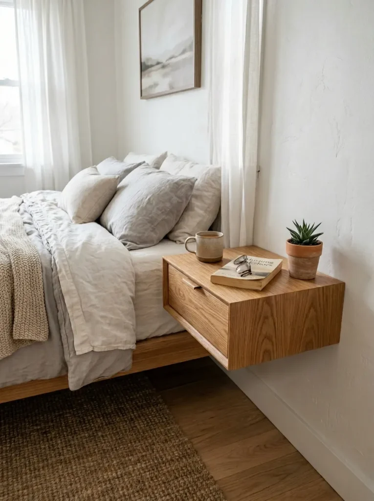 Floating oak nightstand mounted beside a bed with clear floor space beneath