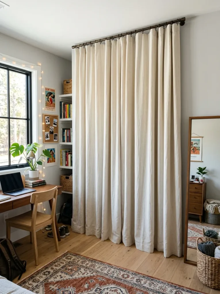 Floor length cream linen curtains used as closet doors in a bedroom