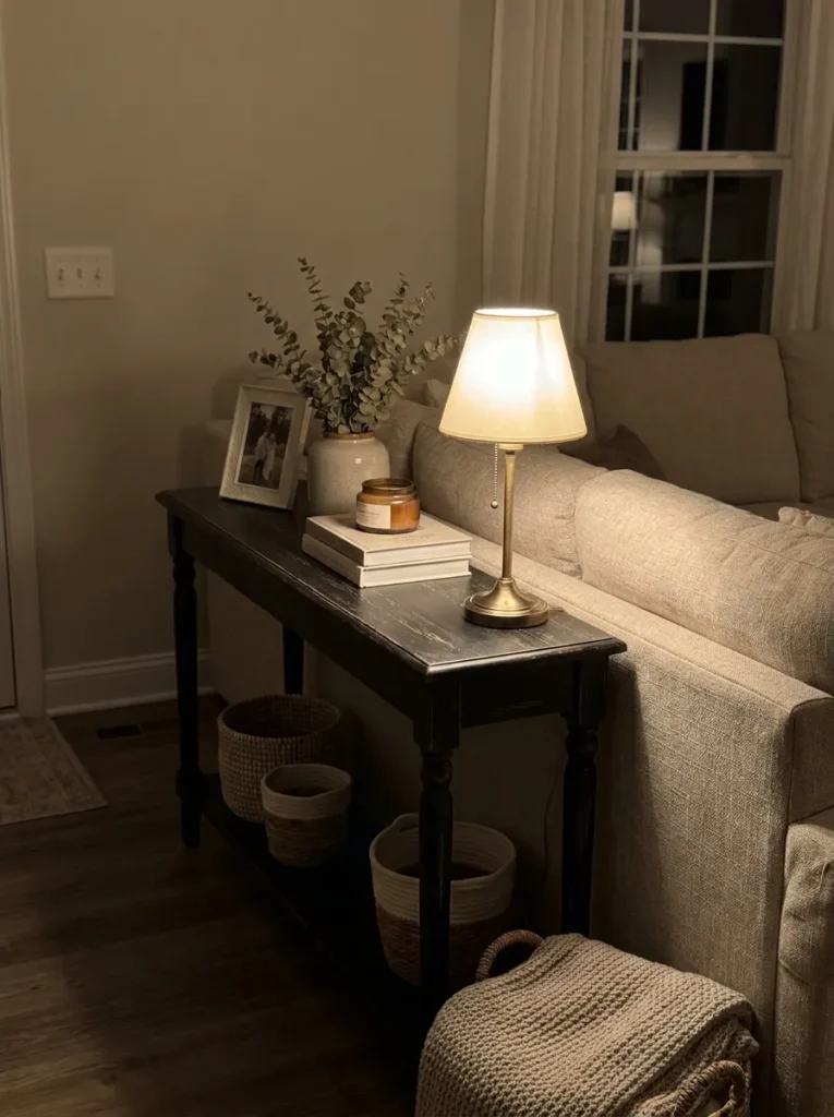 Narrow wooden console table placed behind a neutral living room sofa