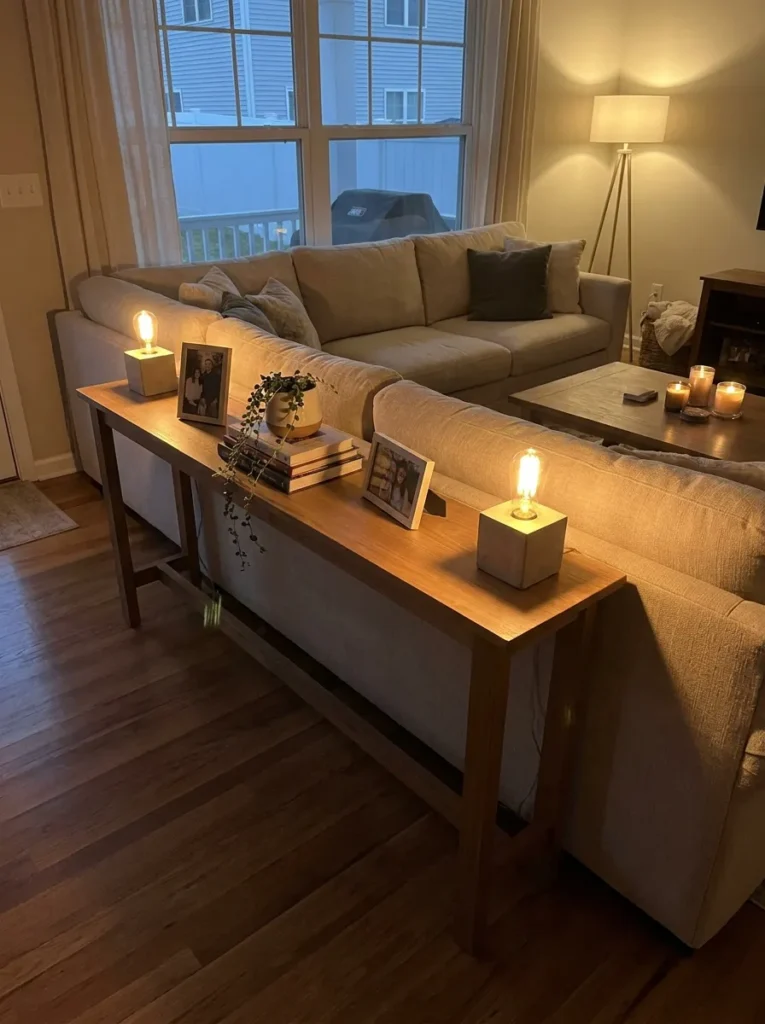 Two identical concrete table lamps glowing on the ends of a sofa console table
