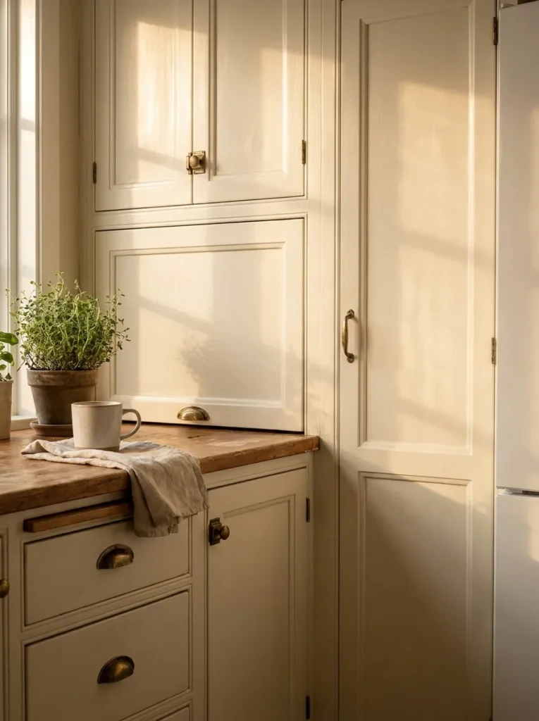 Creamy warm white kitchen cabinets in a sunlit room