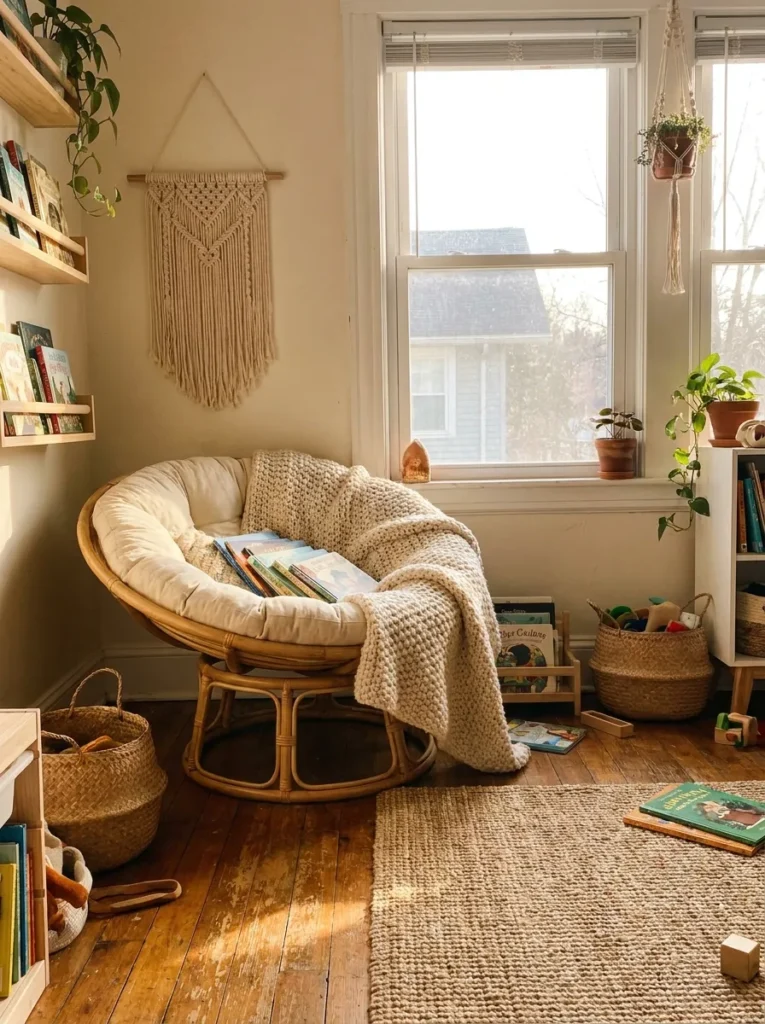 Miniature natural rattan papasan chair with a cream cushion in a boho reading nook