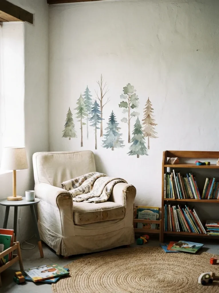 Minimalist watercolor tree wall decals framing a children's reading space