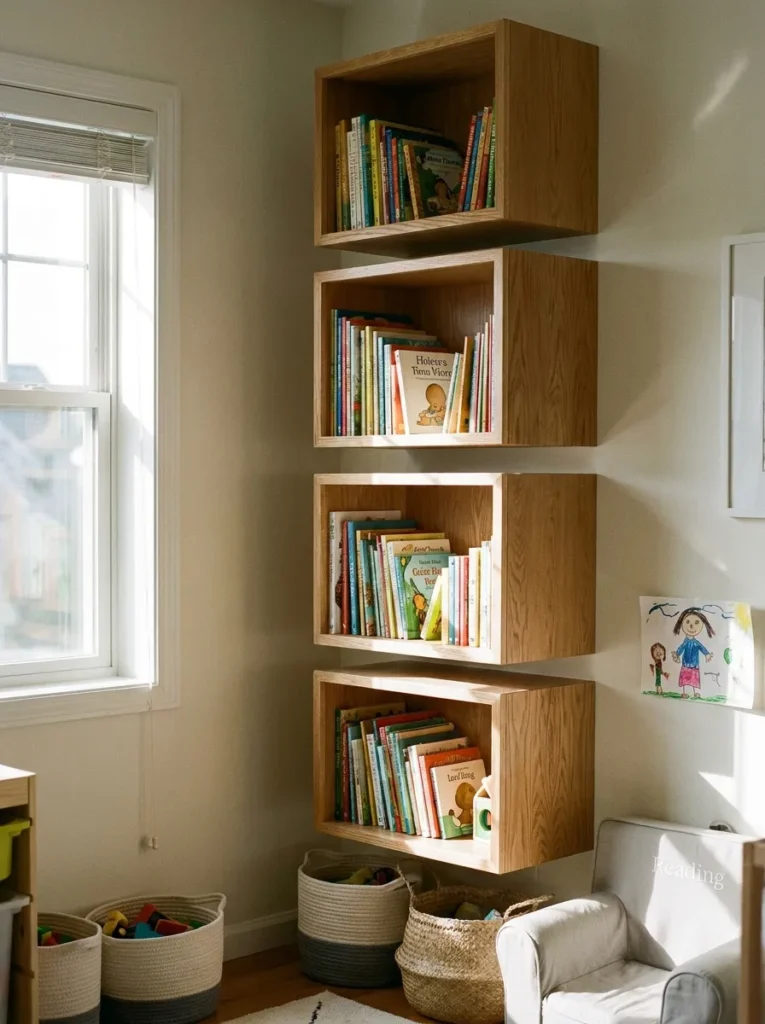 Square oak shadow box wall shelves organizing children's books by color