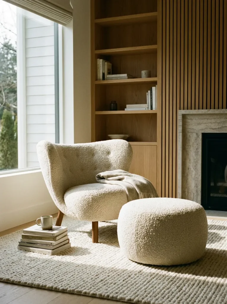 Textured boucle accent chair with matching ottoman in a reading room
