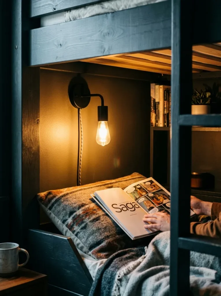 Matte black plug in wall sconce providing reading light in a boys bunk bed