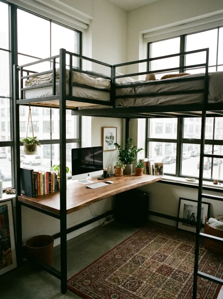 Full width floating walnut desk surface built underneath a black metal loft frame