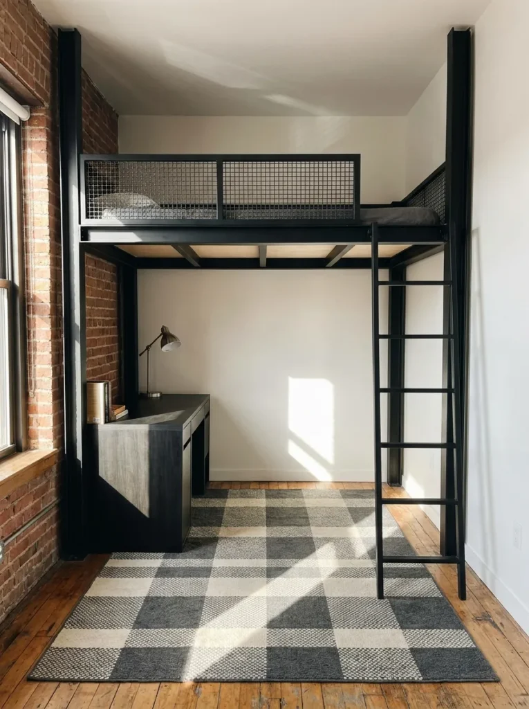 Industrial black steel loft bed frame with a geometric modern rug in a boys small bedroom