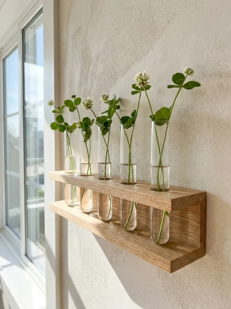 Clear glass test tube bud vases lined up on a floating oak wall shelf