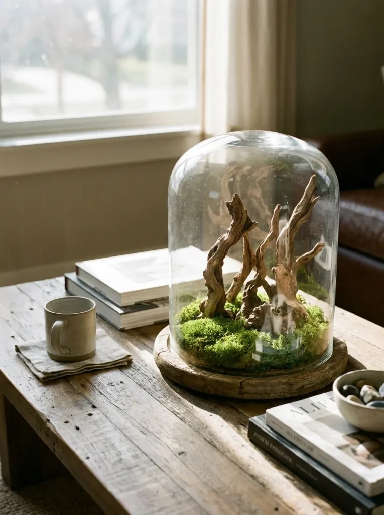 Glass cloche enclosing preserved green moss and driftwood on an oak base