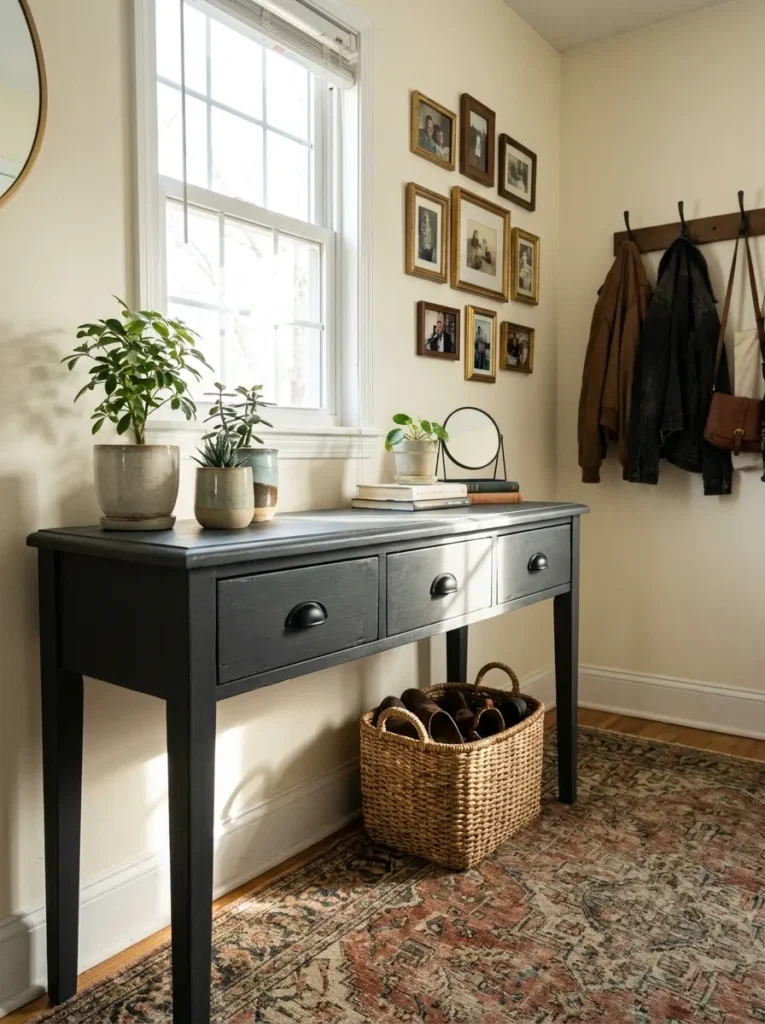 Thrifted console table freshly painted in matte charcoal with black hardware