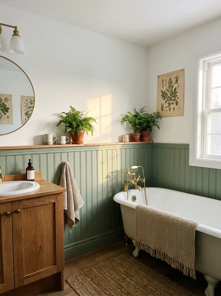 Sage green beadboard wainscoting adding charm to a small bathroom