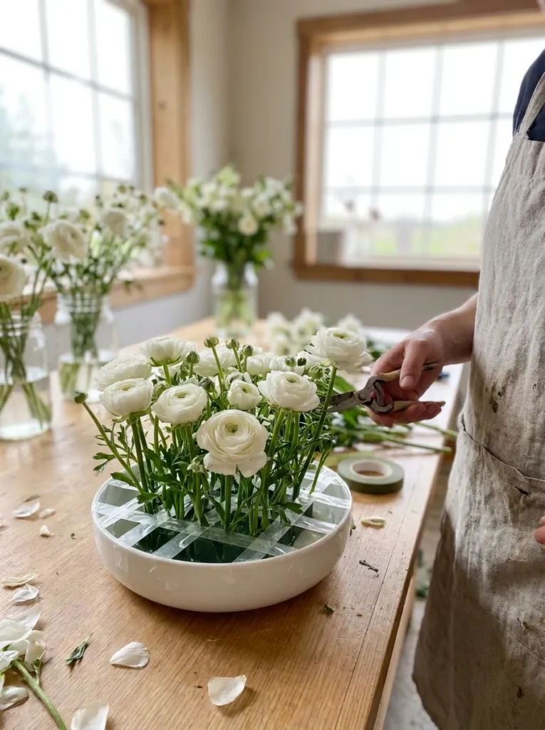 Low white ceramic bowl using the grid tape method for flower arrangements