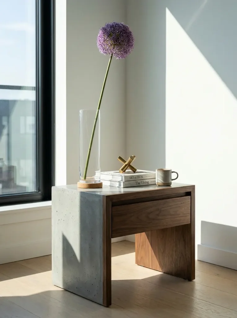 Single purple faux allium stem inside a tall glass cylinder vase