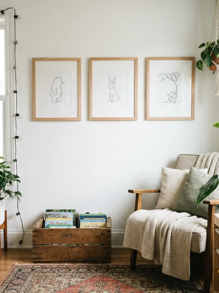 Three oak framed minimalist storybook illustration prints hanging on a wall
