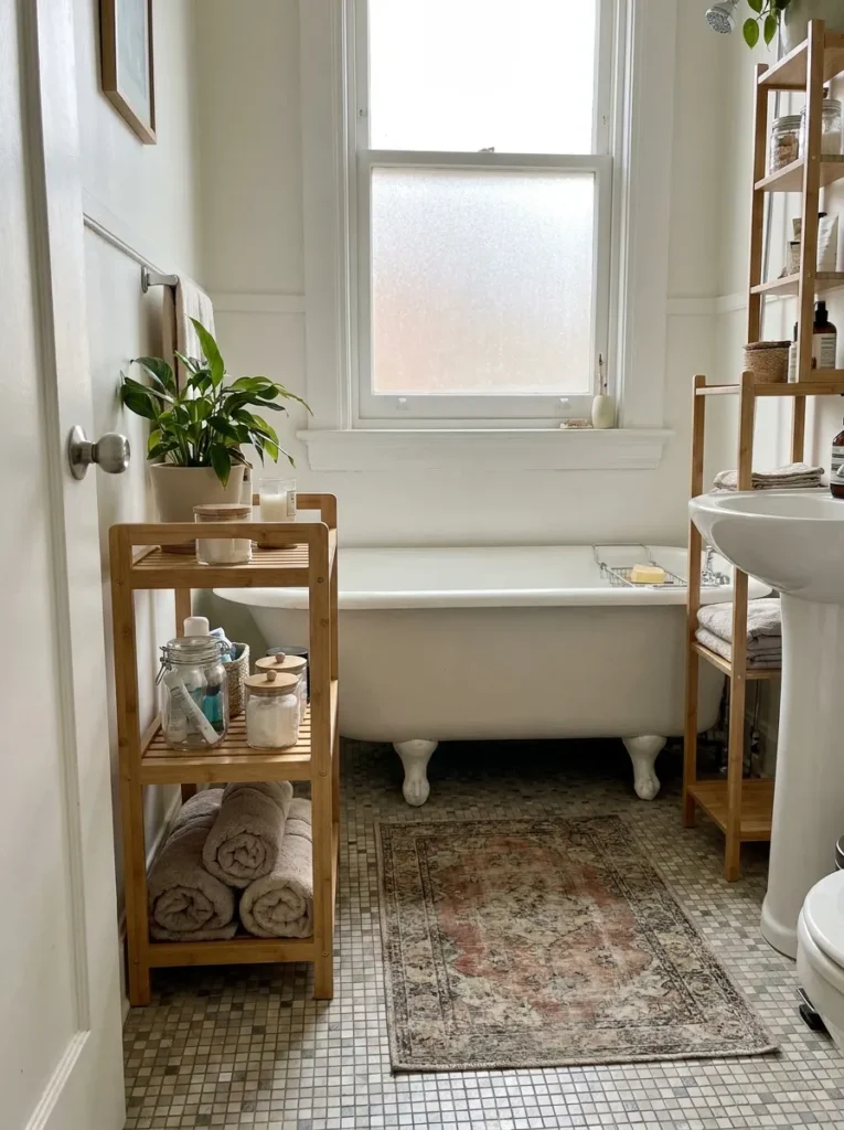 Two tier freestanding bamboo bath caddy sitting beside a porcelain tub
