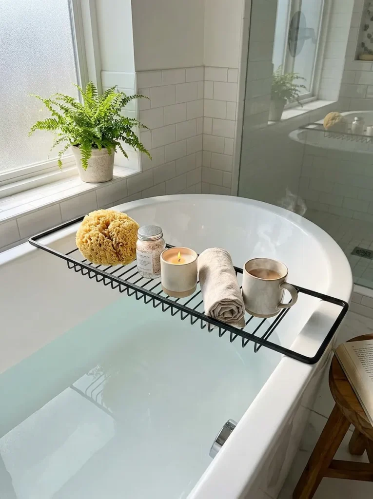 Matte black wire bathtub caddy holding a sea sponge over a white tub