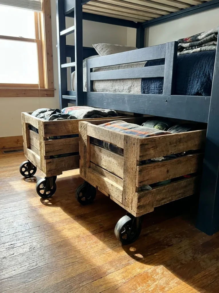 Rugged rolling wooden storage crates under a boys bunk bed