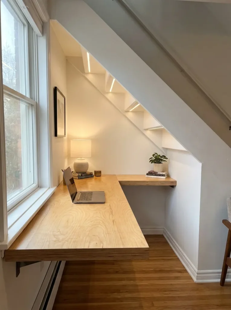 Custom built wall to wall floating plywood desk under stairs