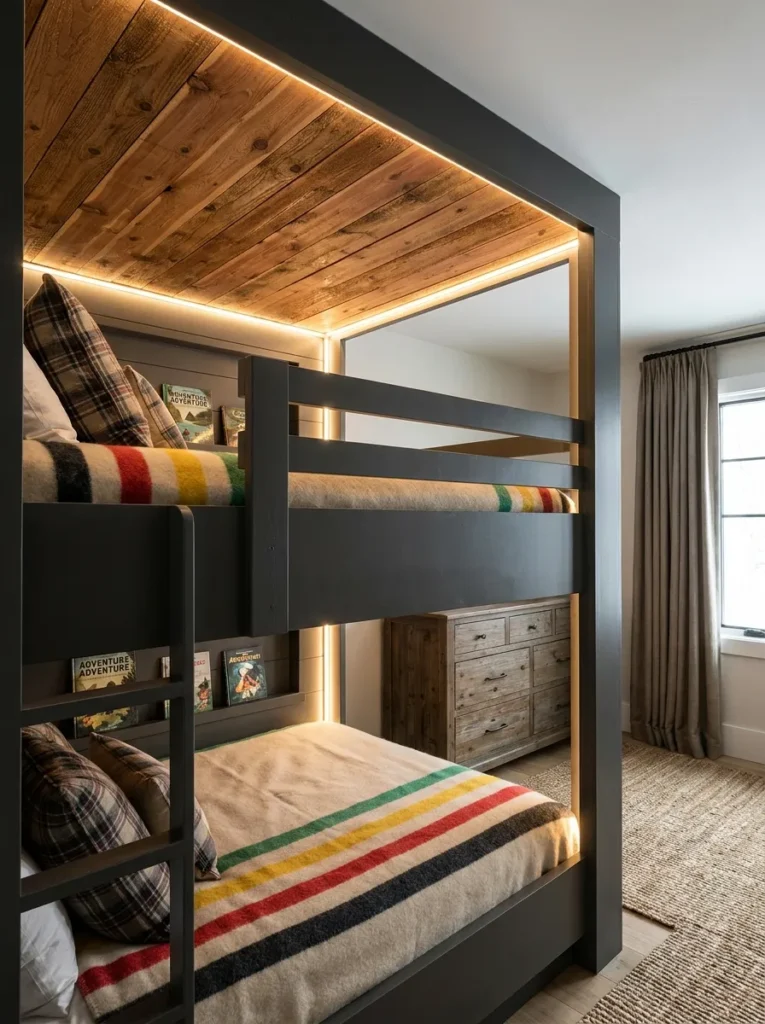 Cedar wood plank ceiling inside a modern rustic boys bunk bed