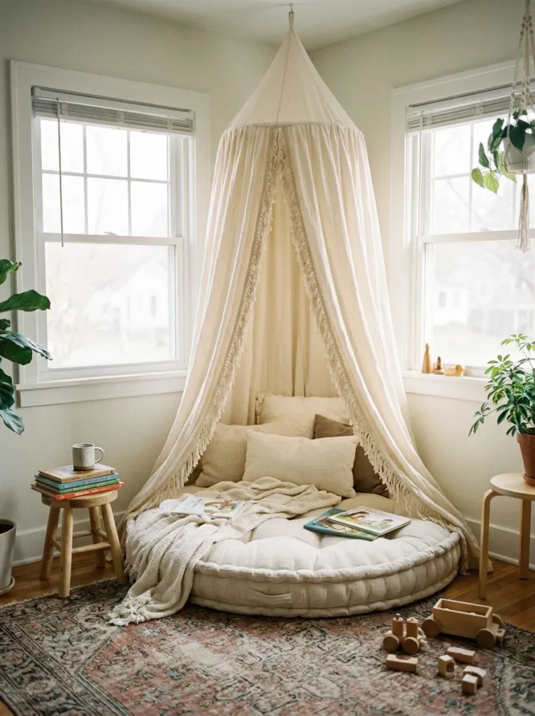 Cream linen canopy hanging over a plush floor cushion in a kid's room