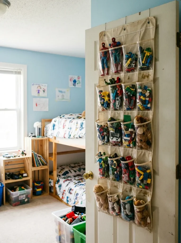 Canvas shoe organizer repurposed for holding small toys and action figures