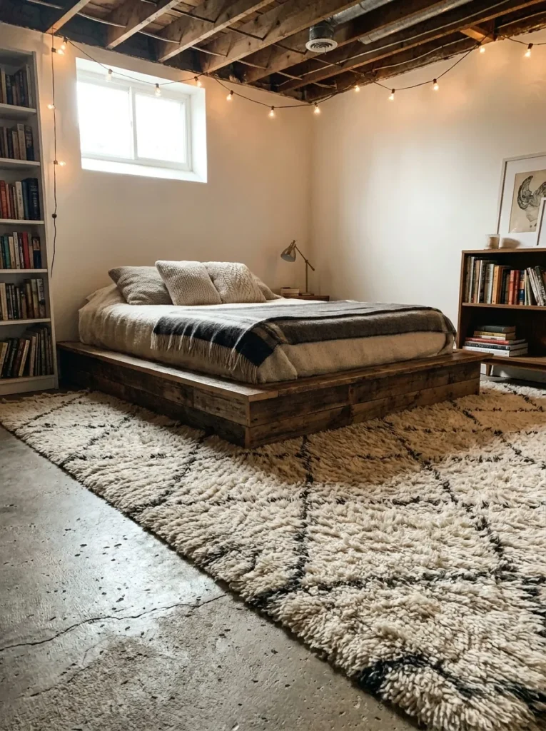 Massive plush Moroccan area rug warming up a cold basement floor