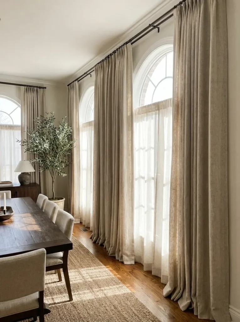 Floor to ceiling linen drapery softening a modern dining room