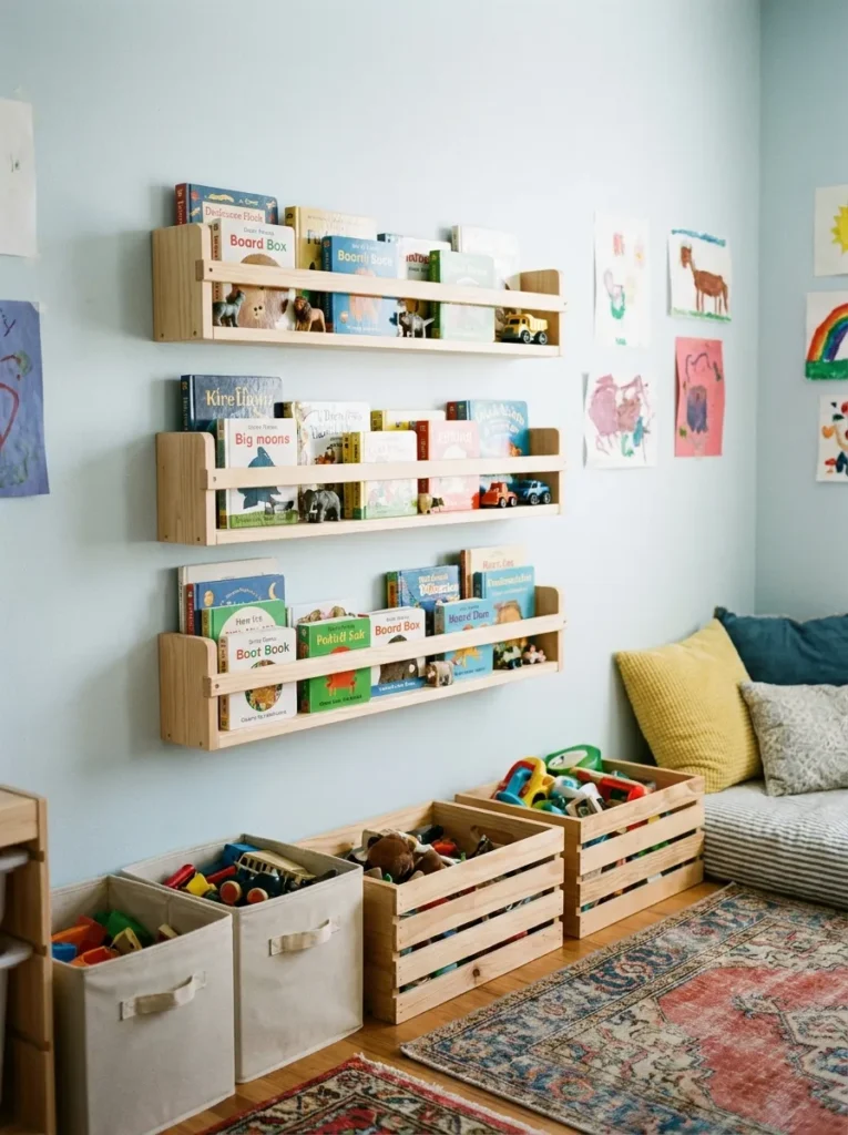 Wooden spice racks repurposed as small toy bookshelves on a wall