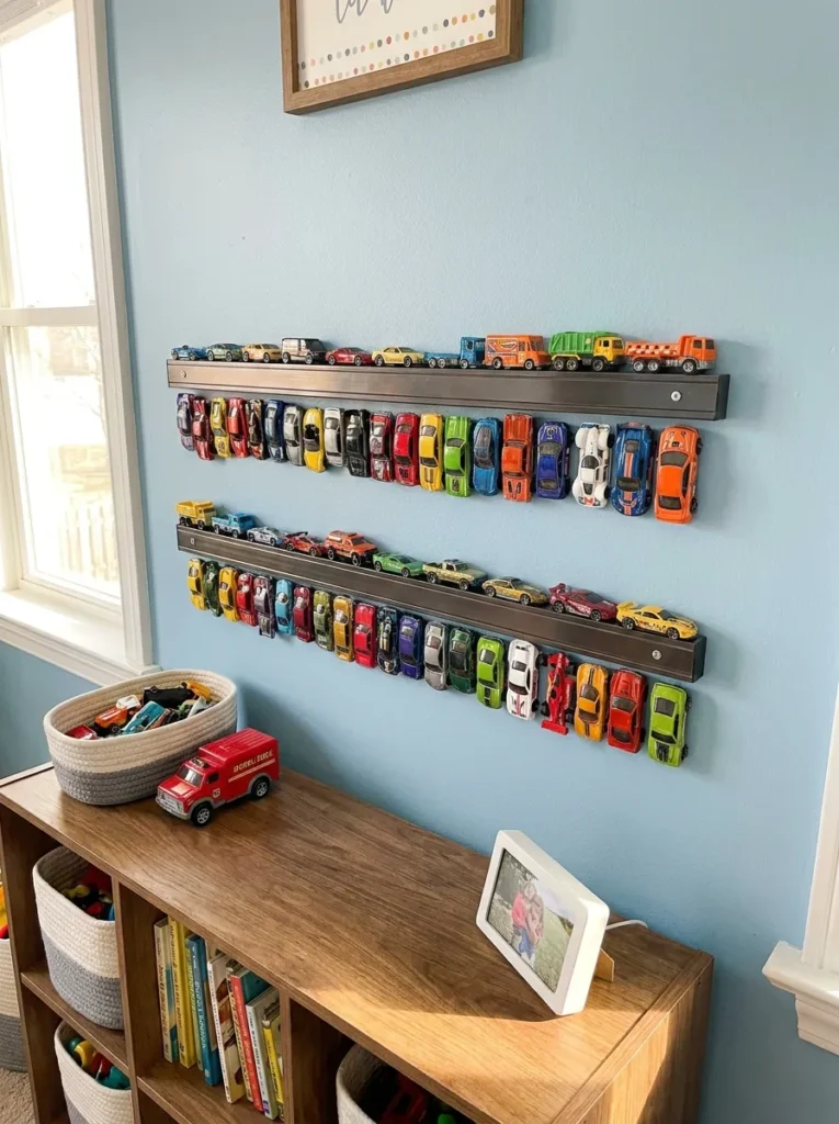 Magnetic wall strips holding tiny metal toy cars