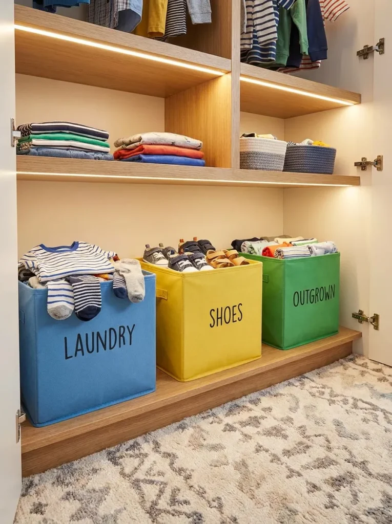 Color coded storage bins in the bottom of a kid's closet