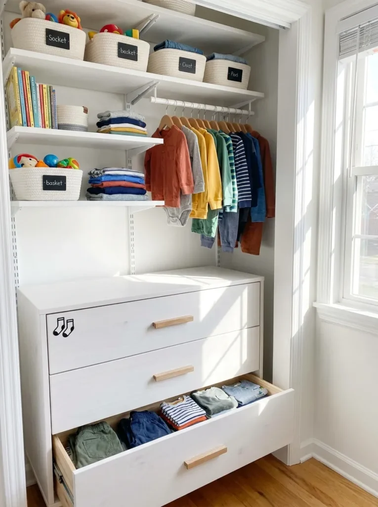 White dresser drawers with black vinyl clothing icon labels for kids