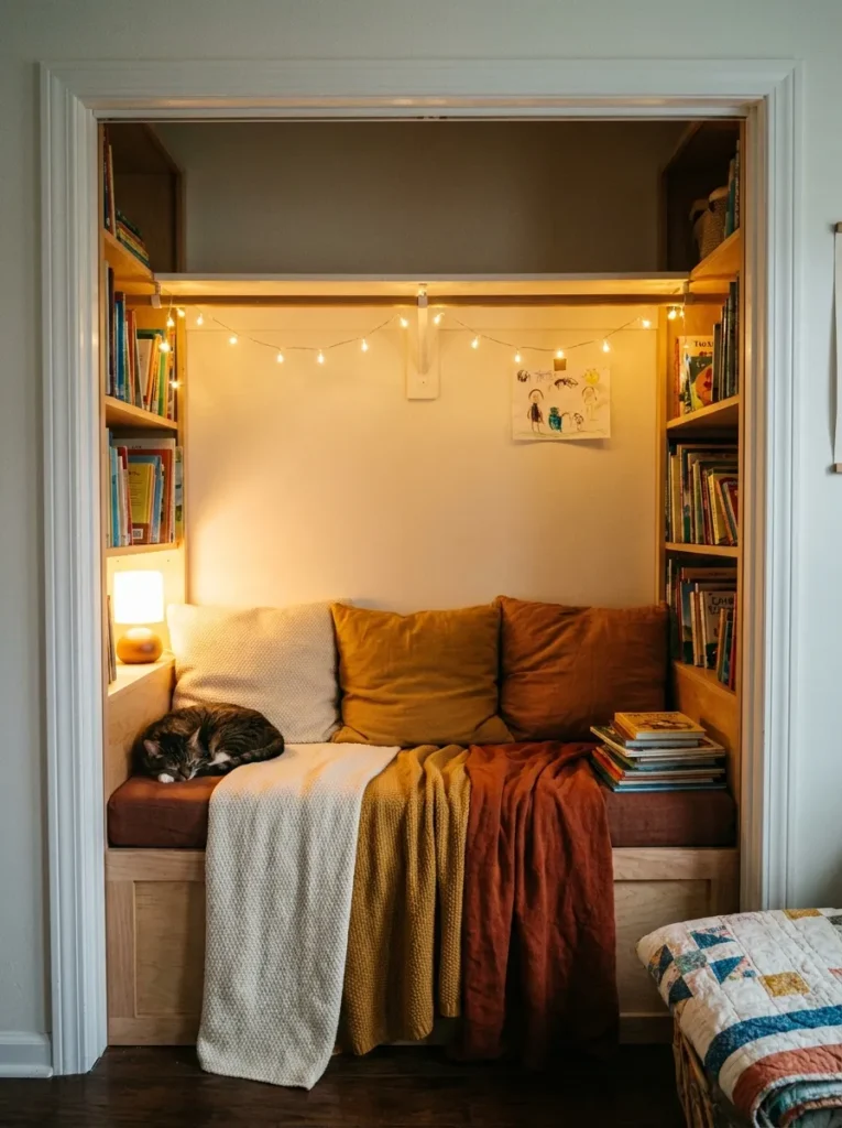 Converted closet space transformed into a kids reading nook with cushions