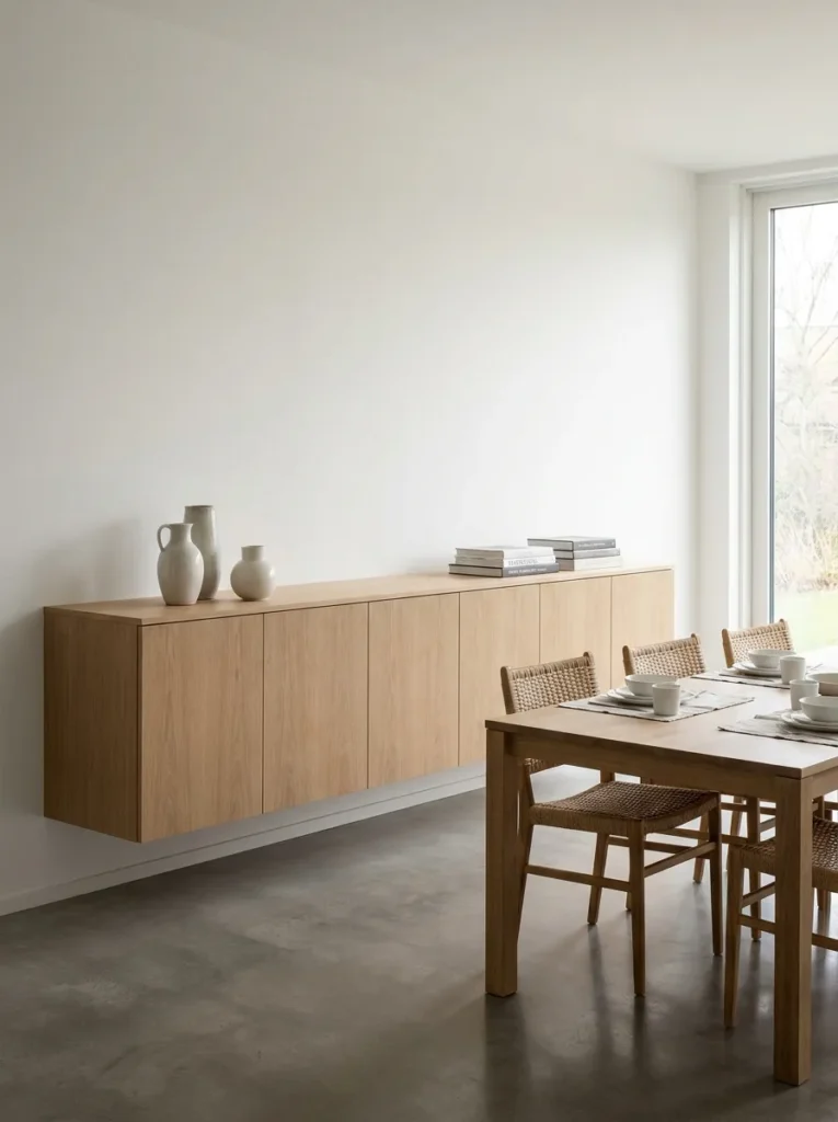 Sleek floating wood credenza mounted to a minimalist dining room wall