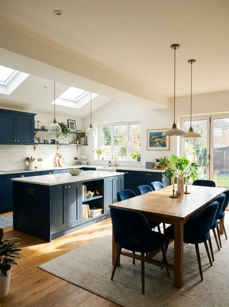 Cohesive color palette connecting an open plan kitchen and dining room