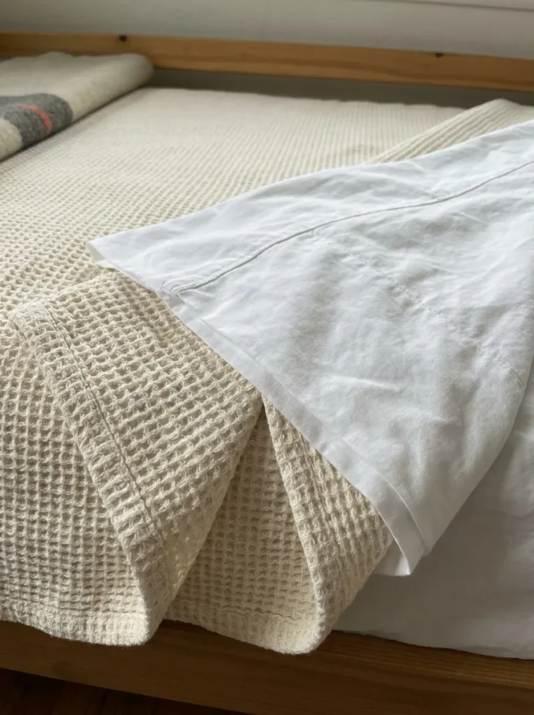 Cream cotton waffle weave coverlet blanket layered on a college bed