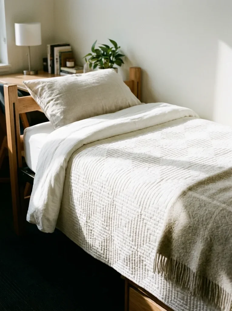 Clean white quilt with stitched square geometric pattern on a dorm bed